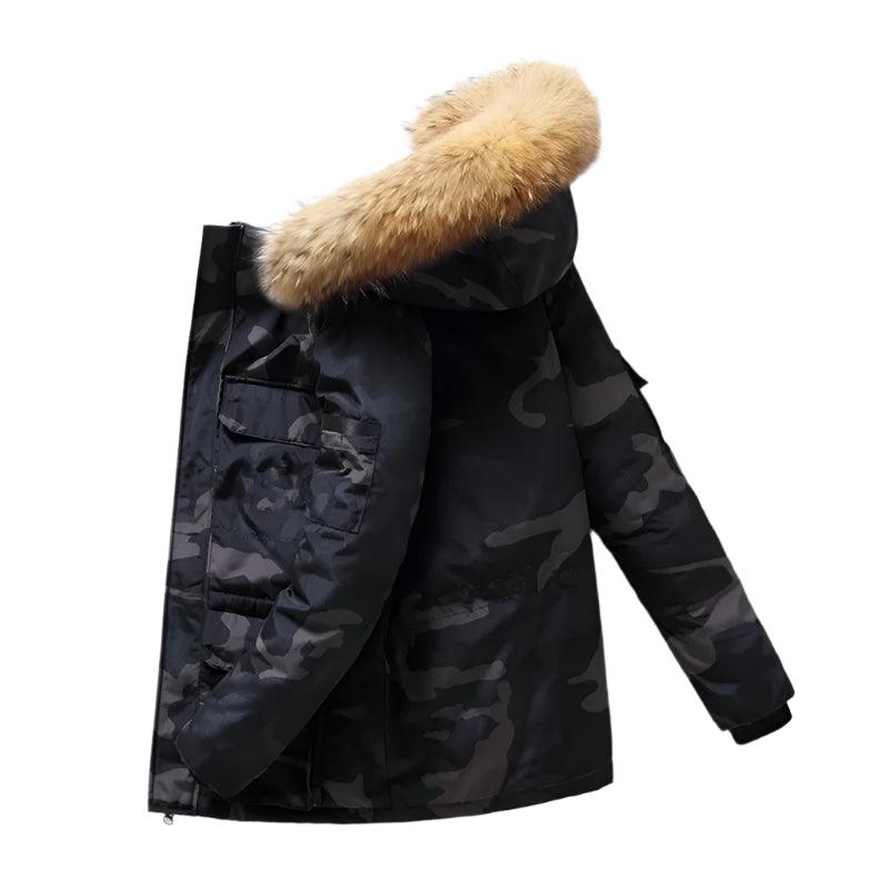 Military Camouflage Down Jacket: Thick Winter Parka Fur Collar & White Duck Down - JVMCL