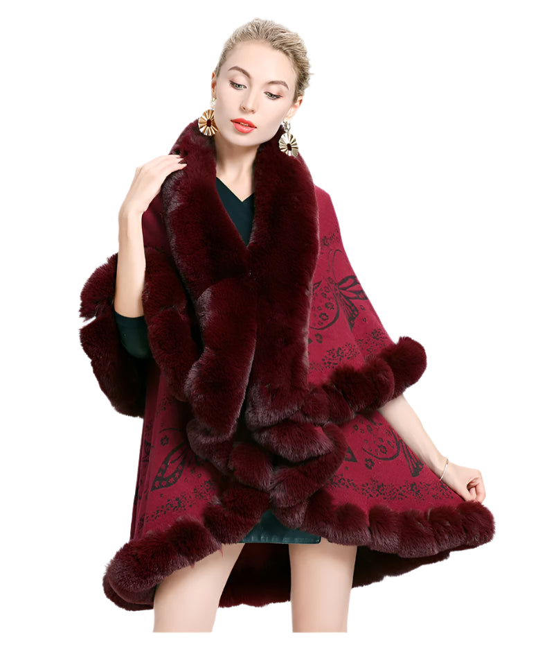 Two-Layered Winter Faux Fox Fur Collar Knitted Jacquard Weave Poncho Cardigan - JVMCL