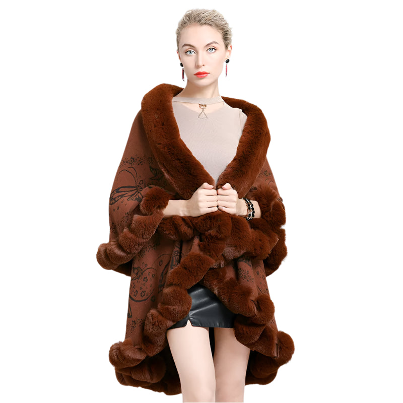 Two-Layered Winter Faux Fox Fur Collar Knitted Jacquard Weave Poncho Cardigan - JVMCL