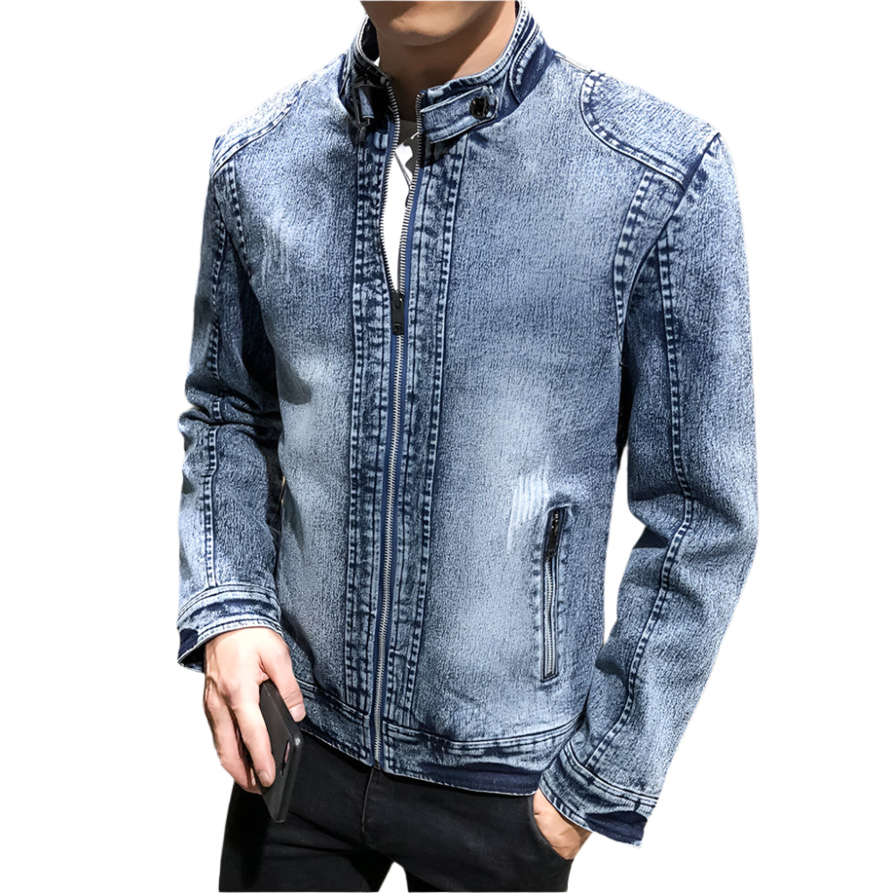 Men’s Slim-Fit Mandarin Collar Zipper-Up Outerwear Denim Jacket