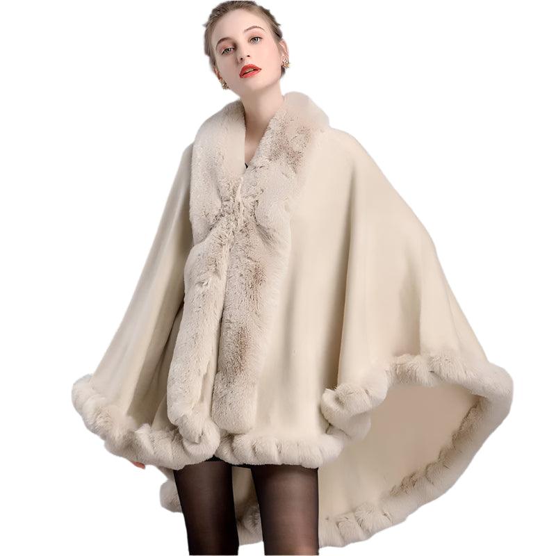 Women's Winter Thicken Shawl - Faux Rabbit Fur Long Poncho Cape Cloak - JVMCL