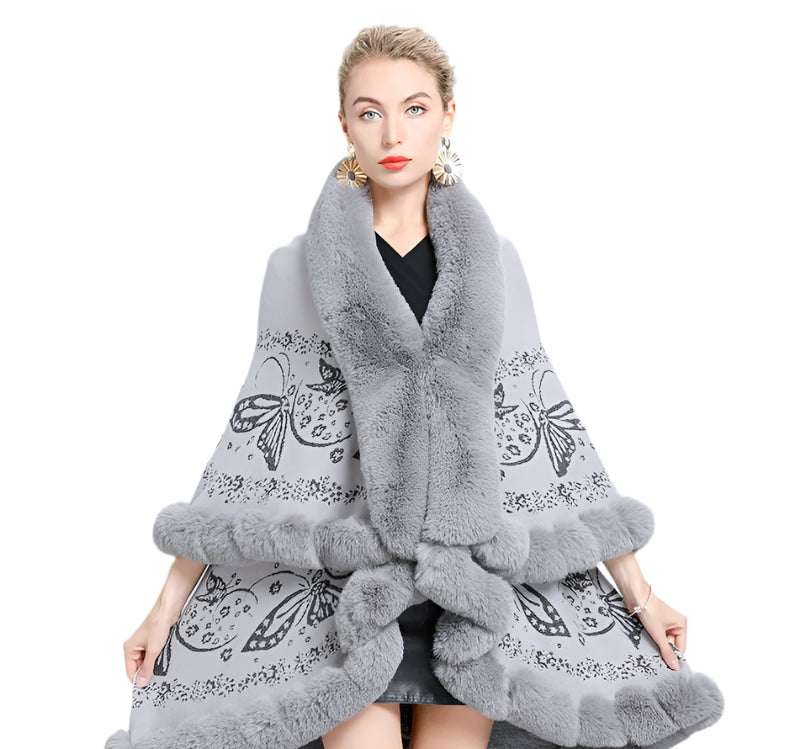 Two-Layered Winter Faux Fox Fur Collar Knitted Jacquard Weave Poncho Cardigan - JVMCL