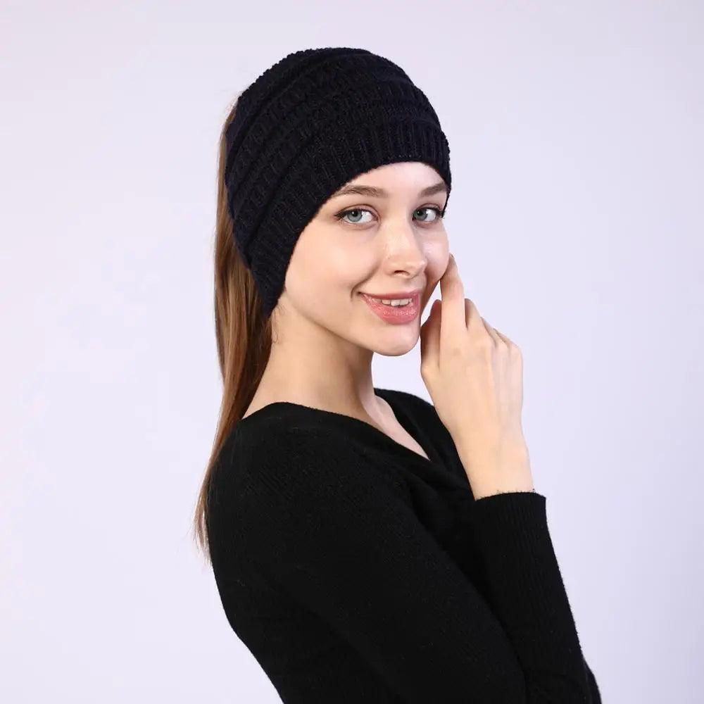 Knitted Winter Beanie with Ponytail Hole for Women - Cozy and Stylish - JVMCL