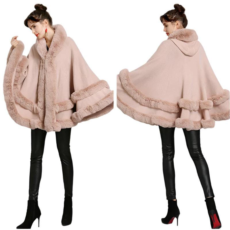 Double Layer Luxury Faux Rex Rabbit Fur Hooded Cape Knit Poncho Overcoat Wraps - JVMCL