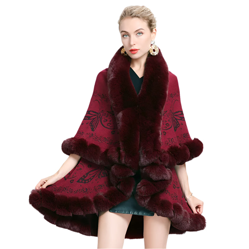 Two-Layered Winter Faux Fox Fur Collar Knitted Jacquard Weave Poncho Cardigan - JVMCL