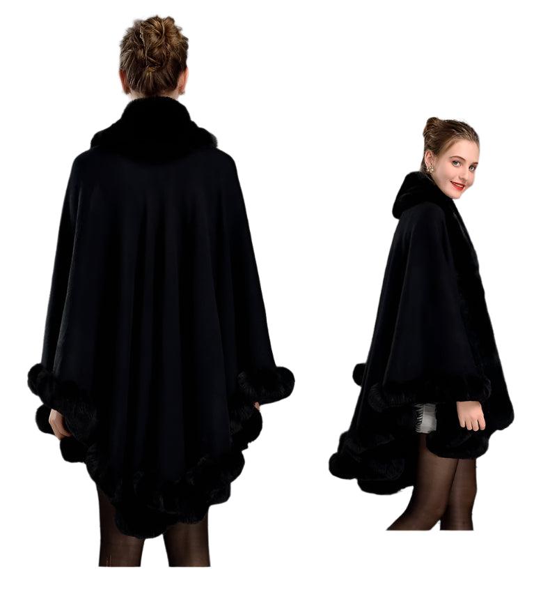 Women's Winter Thicken Shawl - Faux Rabbit Fur Long Poncho Cape Cloak - JVMCL