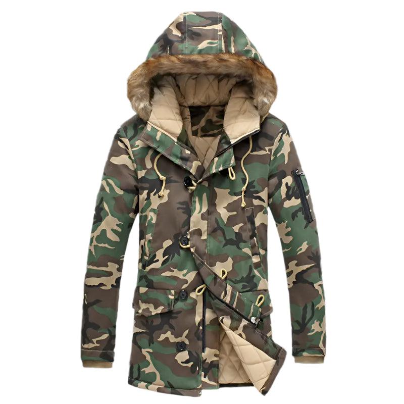 Men's Camouflage Down Parka Jacket - Hooded Winter Military Coat with Fur Collar - JVMCL