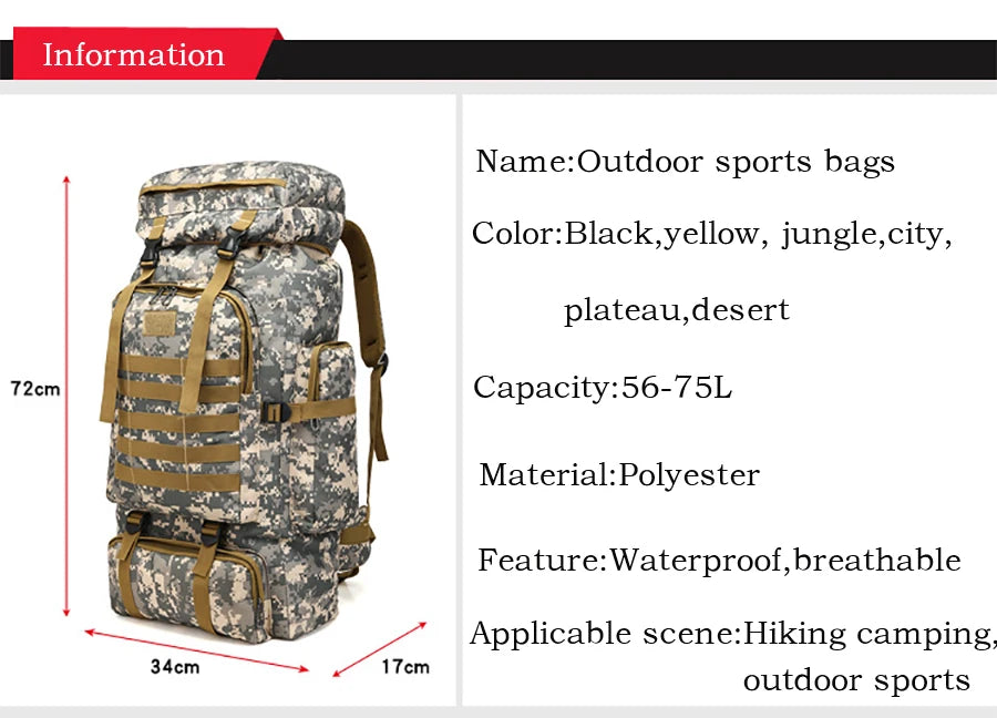 Outdoor 80L Tactical Backpack – Heavy-Duty Mountaineering & Hiking Rucksack