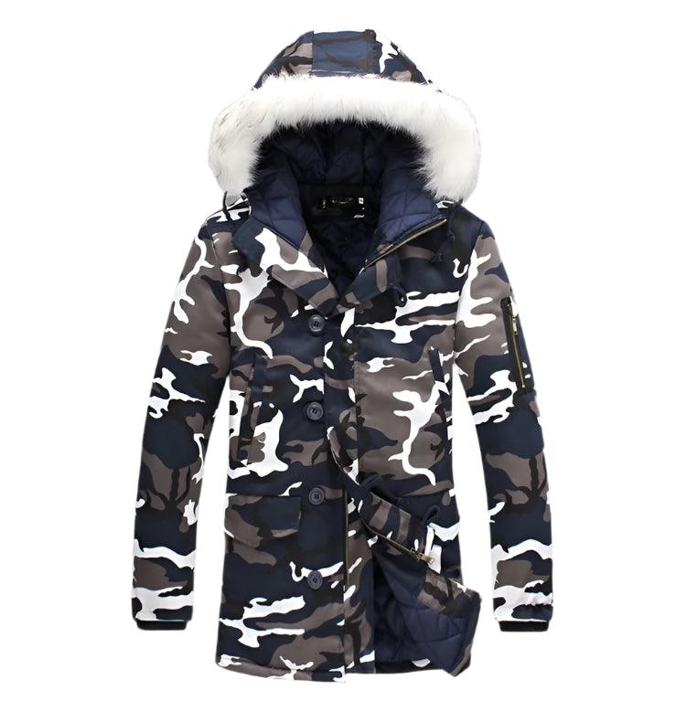 Men's Long Winter Camouflage Parka - Fur Hooded Thick Outwear Jacket - JVMCL