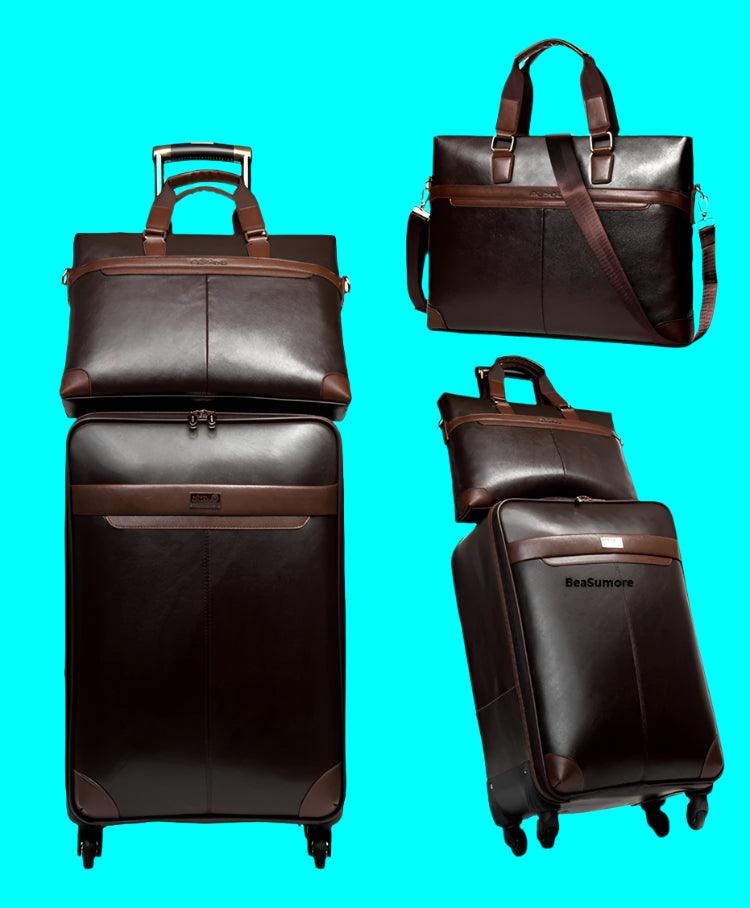 Business Leather Rolling Luggage Set –20-Inch Cabin & 24-Inch Retro Spinner Suitcases - JVMCL