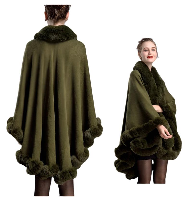 Women's Winter Thicken Shawl - Faux Rabbit Fur Long Poncho Cape Cloak - JVMCL