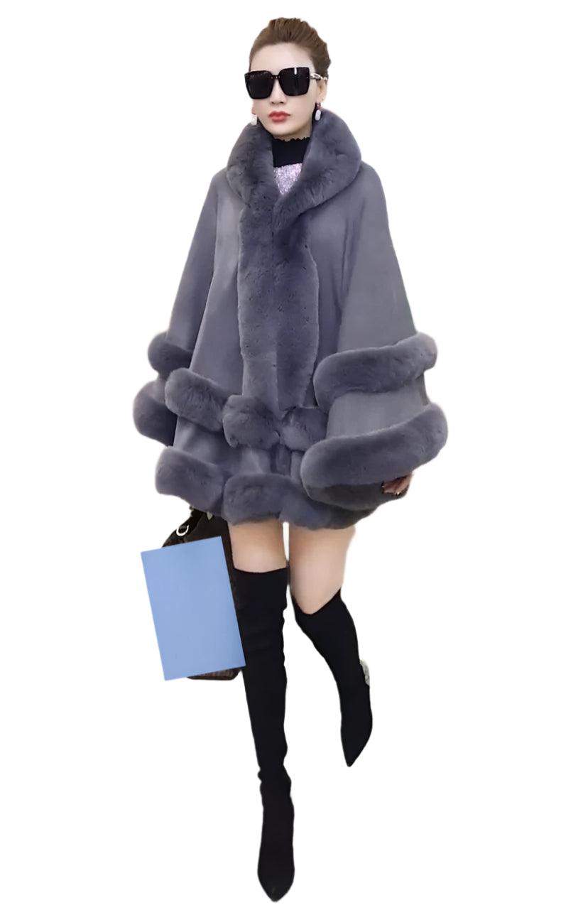 Double Layer Luxury Faux Rex Rabbit Fur Hooded Cape Knit Poncho Overcoat Wraps - JVMCL