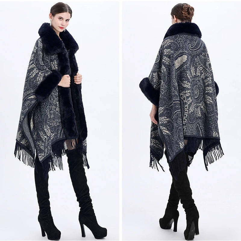 Soft Wool Blend Cape Coat – Faux Rex Rabbit Fur Jacquard Cloak for Women