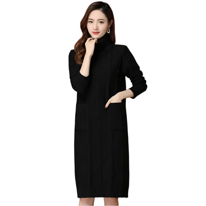 Elegant Turtleneck Long Knitted Sweater Dress – Cozy & Stylish Winter Fashion - JVMCL