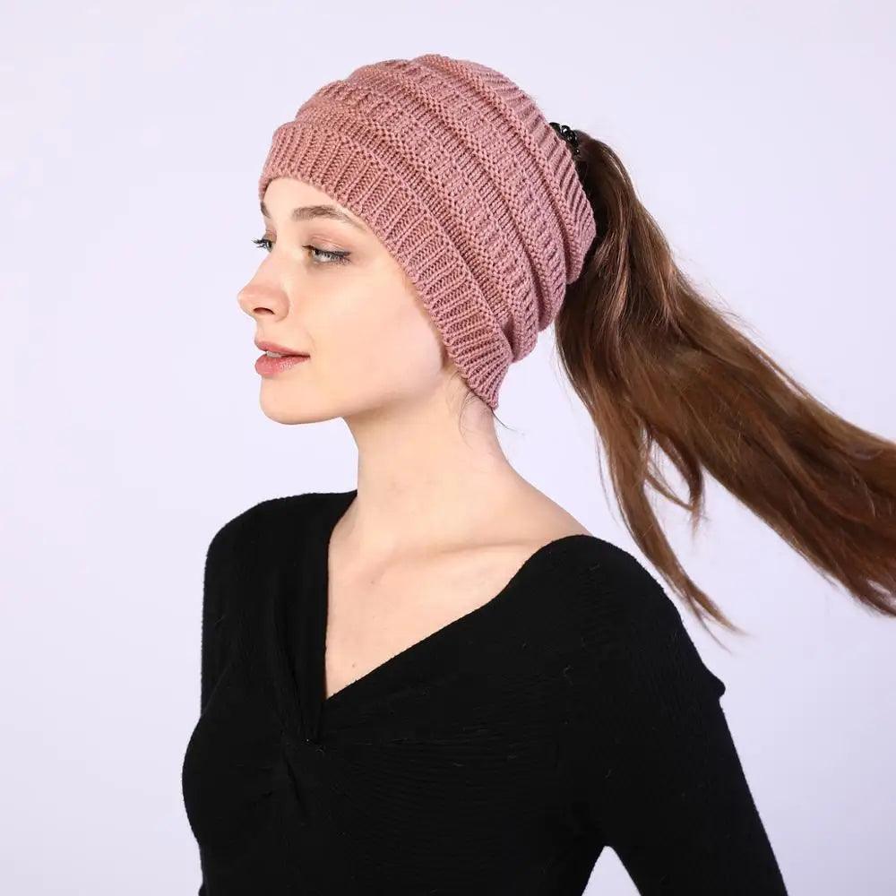 Knitted Winter Beanie with Ponytail Hole for Women - Cozy and Stylish - JVMCL