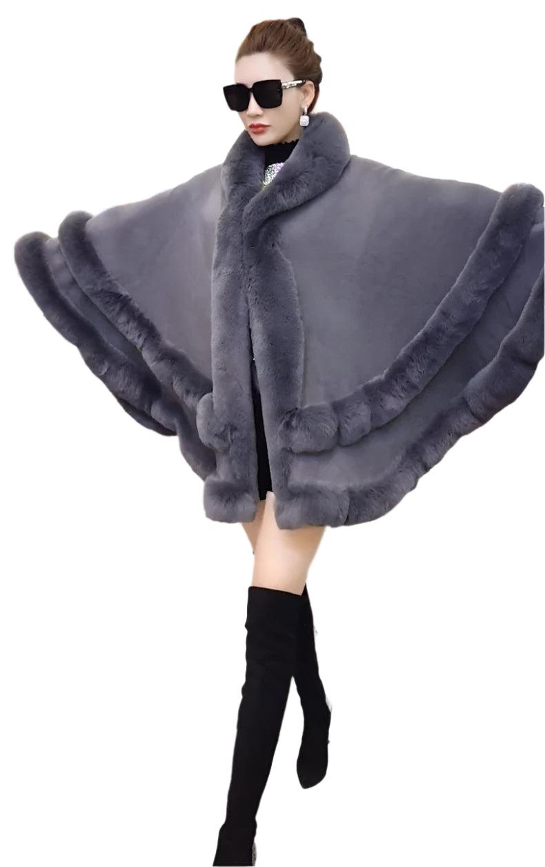 Double Layer Luxury Faux Rex Rabbit Fur Hooded Cape Knit Poncho Overcoat Wraps - JVMCL