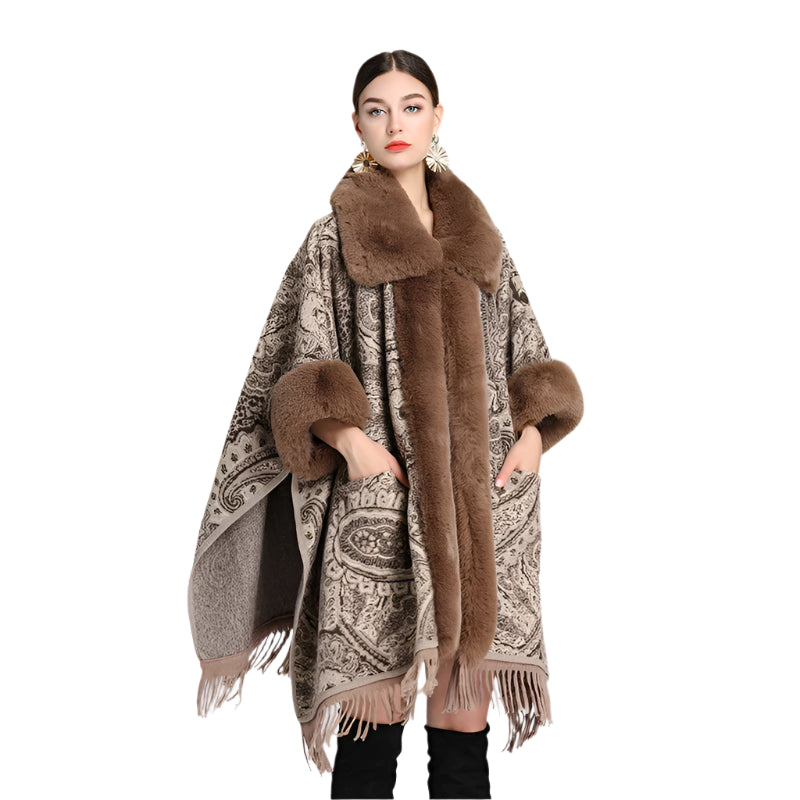 Soft Wool Blend Cape Coat – Faux Rex Rabbit Fur Jacquard Cloak for Women