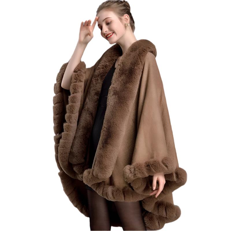 Women's Winter Thicken Shawl - Faux Rabbit Fur Long Poncho Cape Cloak - JVMCL