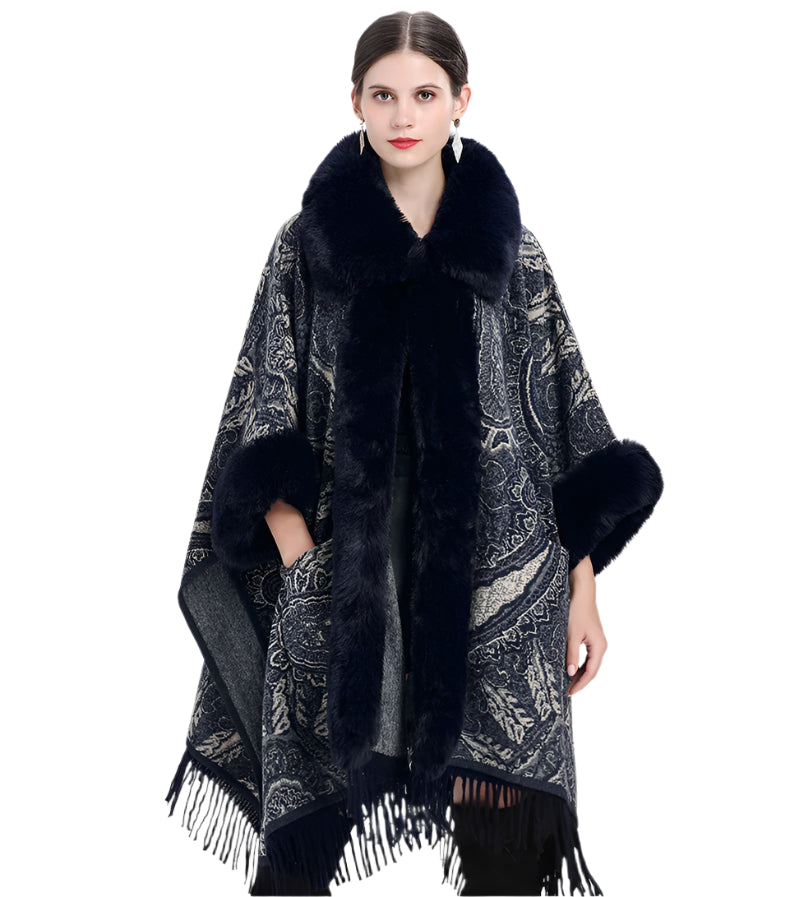 Soft Wool Blend Cape Coat – Faux Rex Rabbit Fur Jacquard Cloak for Women