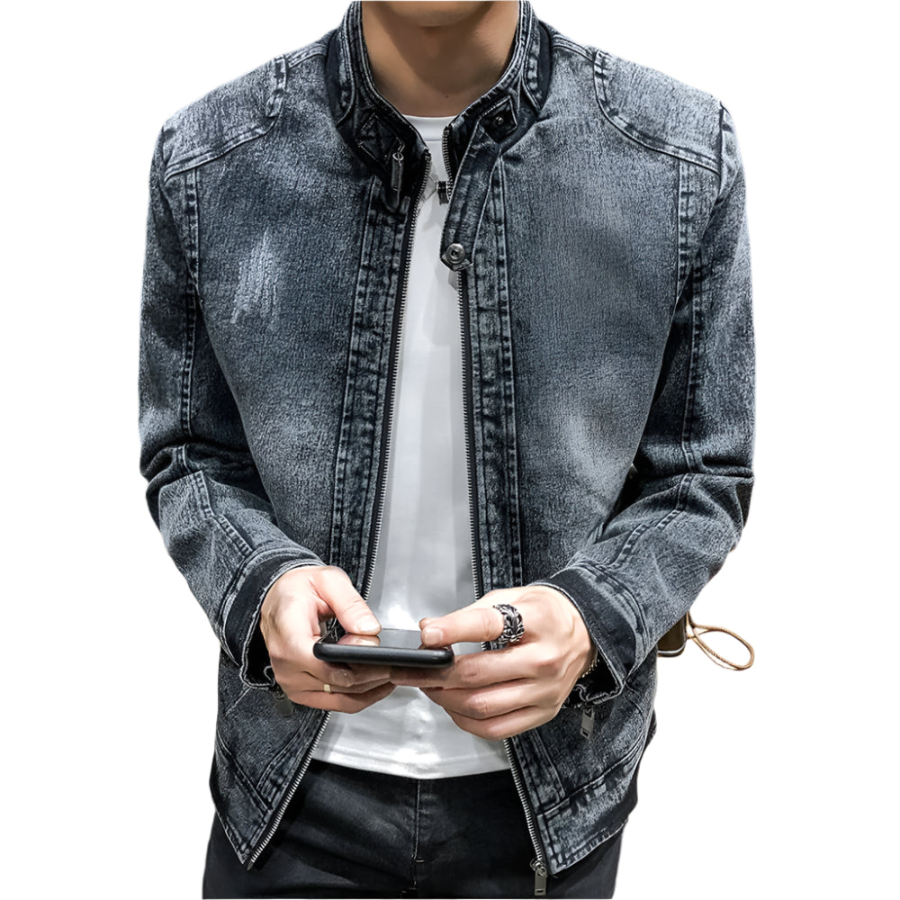 Men’s Slim-Fit Mandarin Collar Zipper-Up Outerwear Denim Jacket