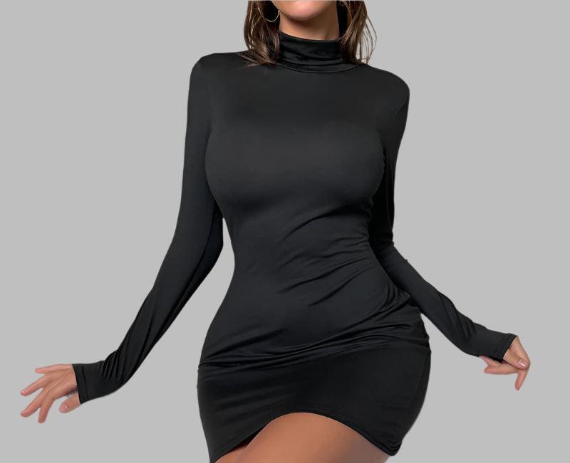 Clubwear High-Waisted Tight-Fitting Sexy Long Sleeve Turtleneck Mini Dress - JVMCL