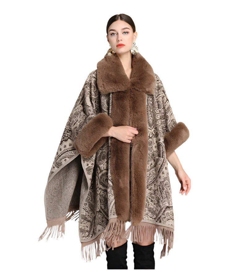 Soft Wool Blend Cape Coat – Faux Rex Rabbit Fur Jacquard Cloak for Women