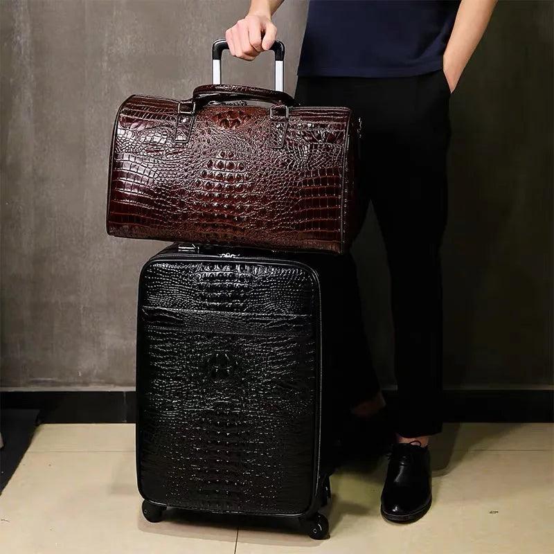 20-Inch 100% Real Leather Crocodile-Pattern Travel Luggage with Handbag Case - JVMCL