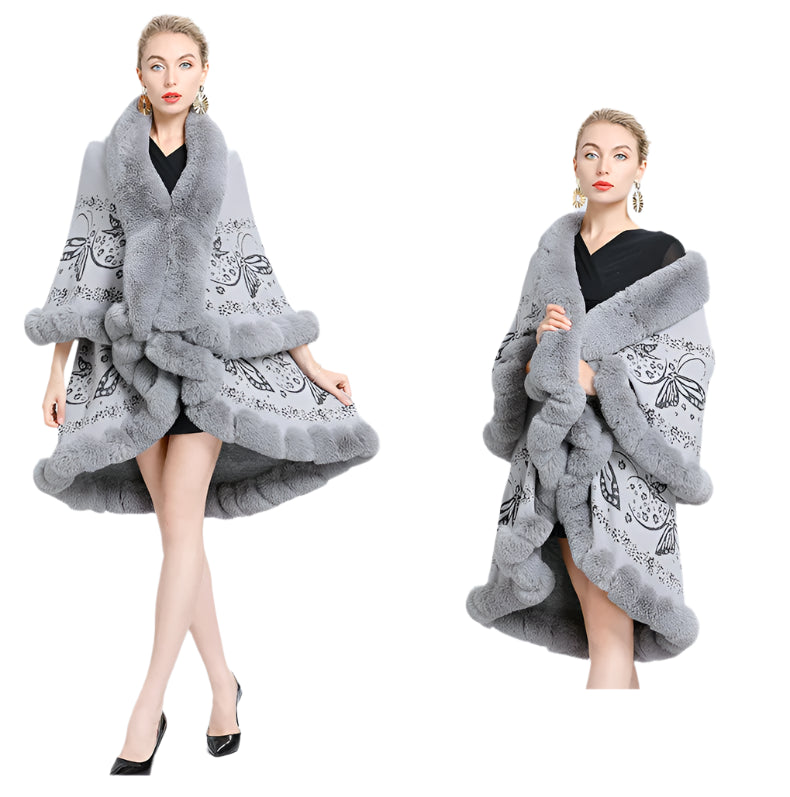 Two-Layered Winter Faux Fox Fur Collar Knitted Jacquard Weave Poncho Cardigan - JVMCL