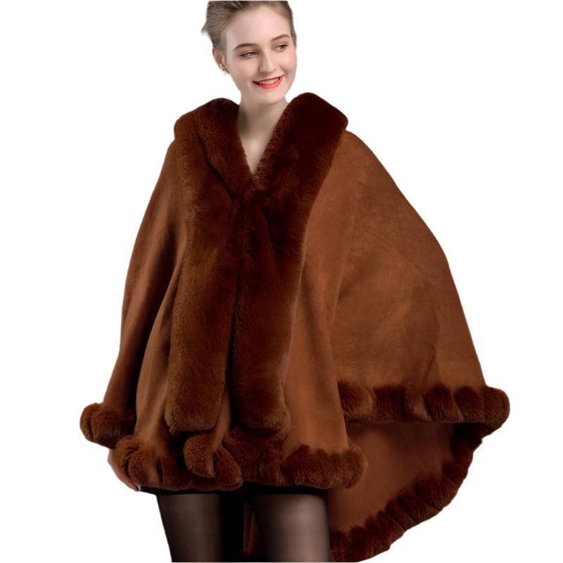 Women's Winter Thicken Shawl - Faux Rabbit Fur Long Poncho Cape Cloak - JVMCL