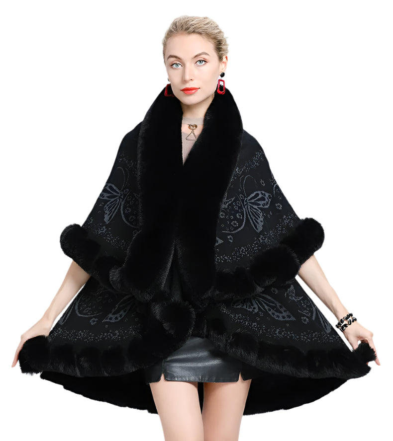 Two-Layered Winter Faux Fox Fur Collar Knitted Jacquard Weave Poncho Cardigan - JVMCL