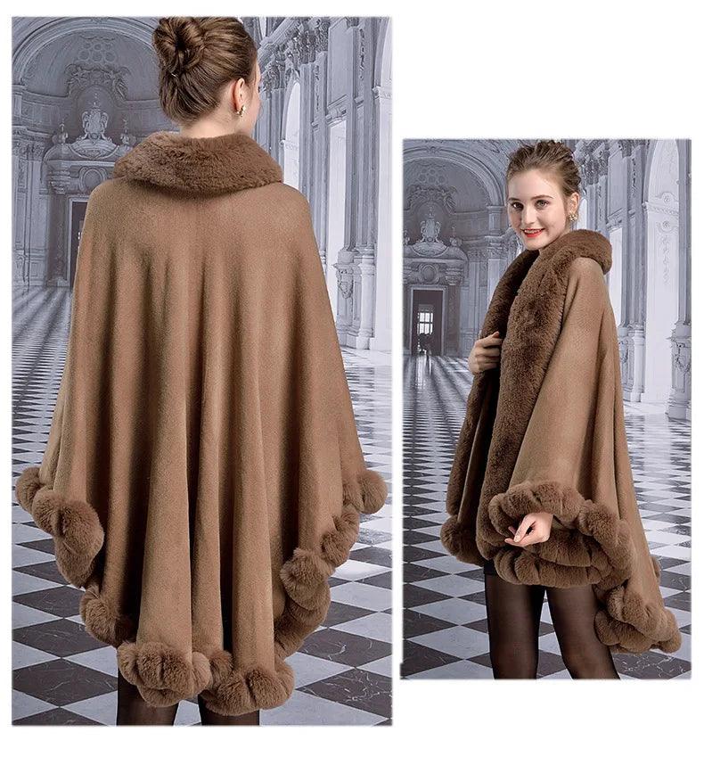 Women's Winter Thicken Shawl - Faux Rabbit Fur Long Poncho Cape Cloak - JVMCL