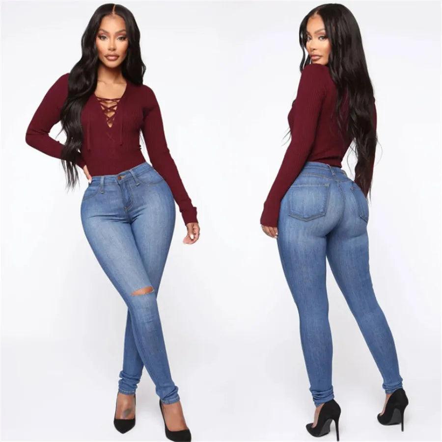 Ripped Jeans Stretchy Curve Plus Size High Waisted Hole Cute Classy Denim Pants - JVMCL