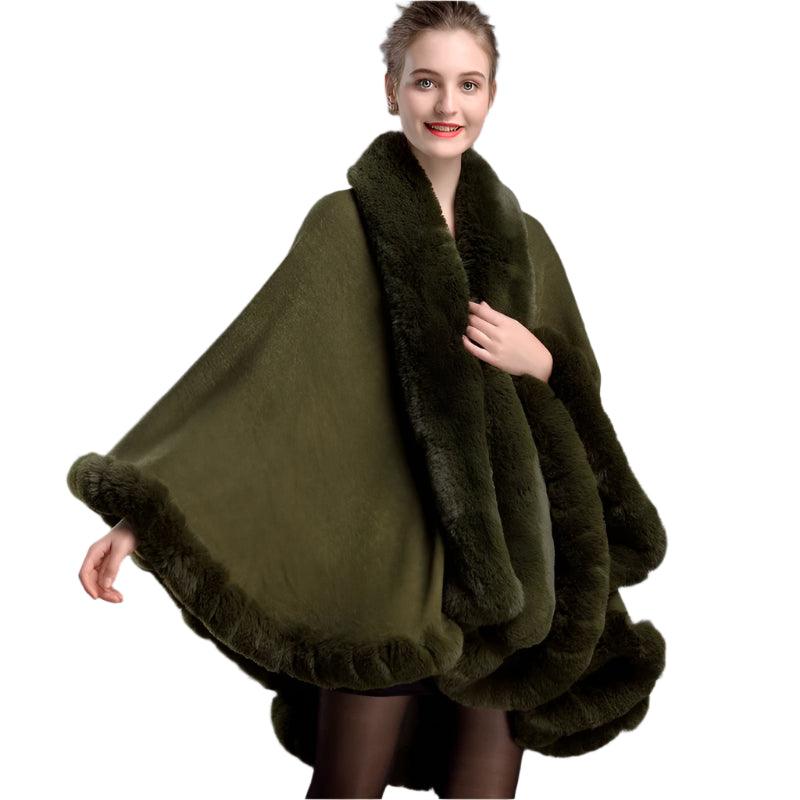 Women's Winter Thicken Shawl - Faux Rabbit Fur Long Poncho Cape Cloak - JVMCL