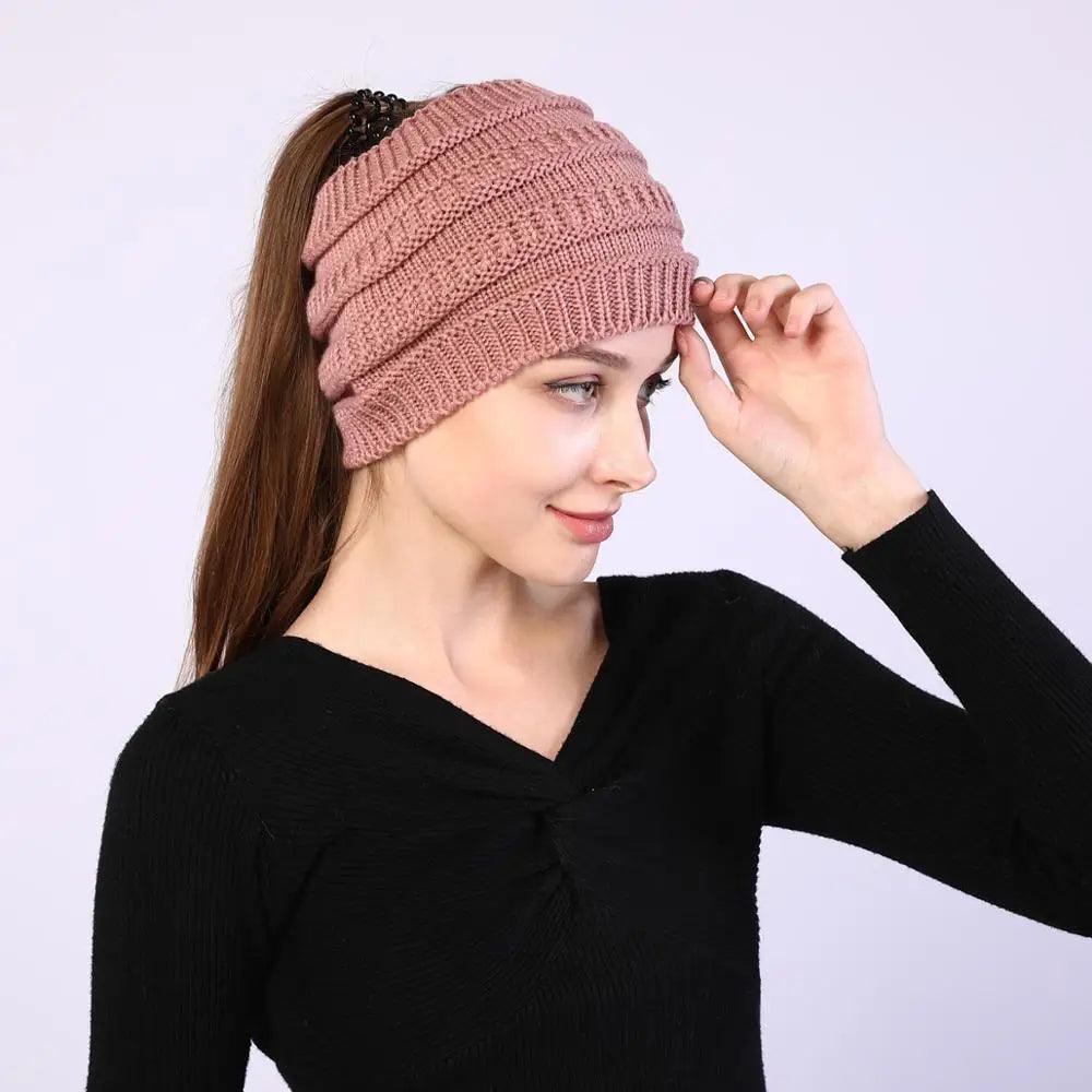 Knitted Winter Beanie with Ponytail Hole for Women - Cozy and Stylish - JVMCL