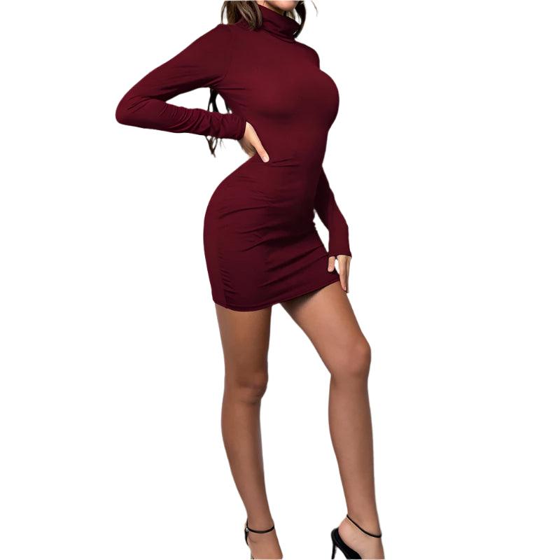 Clubwear High-Waisted Tight-Fitting Sexy Long Sleeve Turtleneck Mini Dress - JVMCL