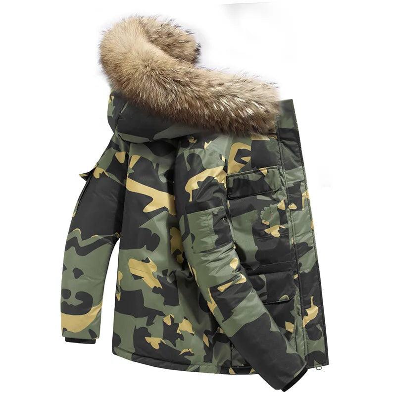 Military Camouflage Down Jacket: Thick Winter Parka Fur Collar & White Duck Down - JVMCL