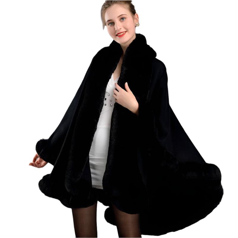 Women's Winter Thicken Shawl - Faux Rabbit Fur Long Poncho Cape Cloak - JVMCL