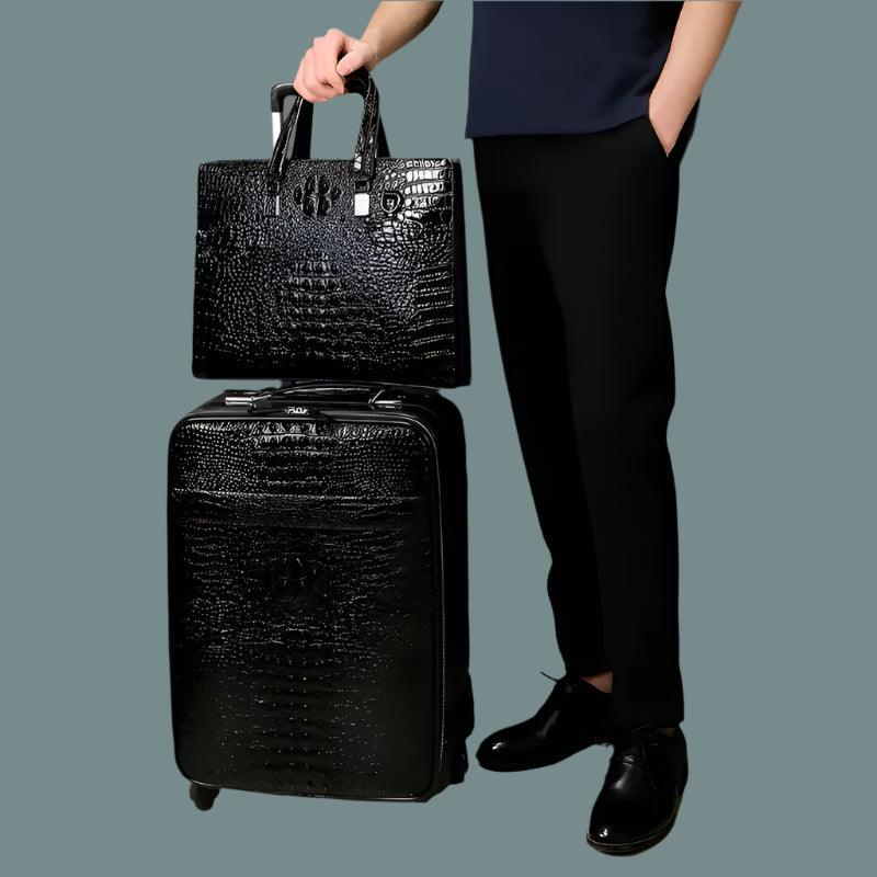 20-Inch 100% Real Leather Crocodile-Pattern Travel Luggage with Handbag Case - JVMCL