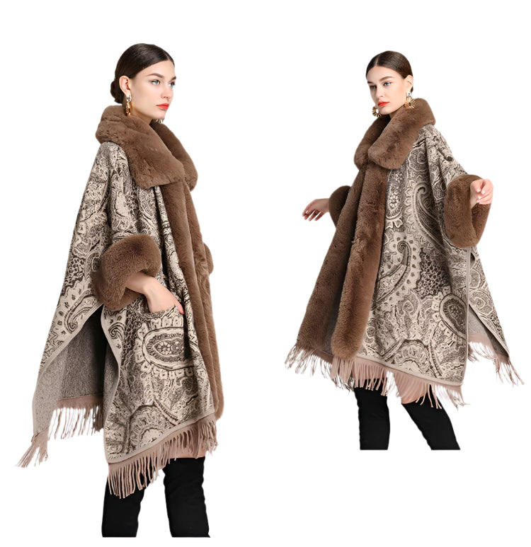 Soft Wool Blend Cape Coat – Faux Rex Rabbit Fur Jacquard Cloak for Women