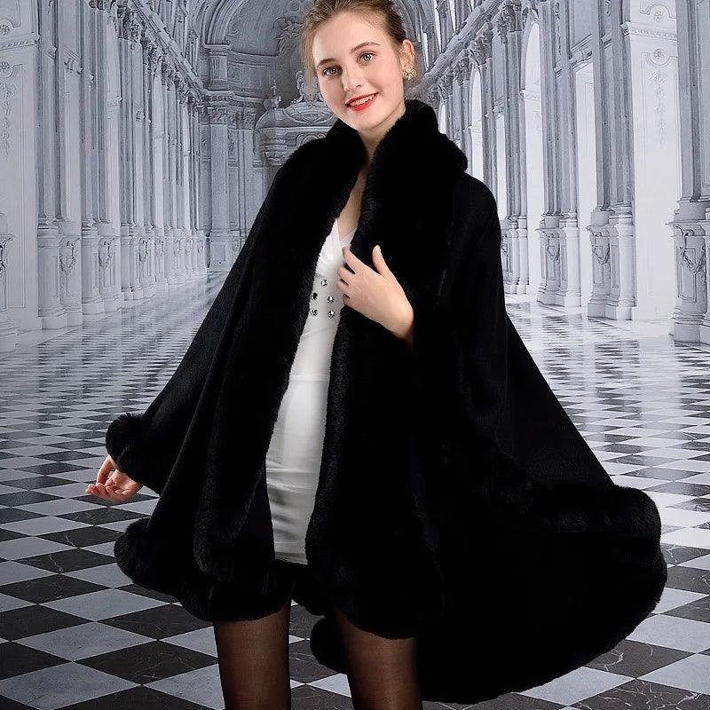 Women's Winter Thicken Shawl - Faux Rabbit Fur Long Poncho Cape Cloak - JVMCL