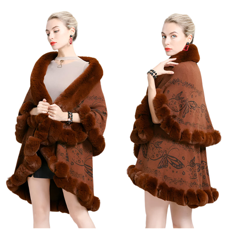 Two-Layered Winter Faux Fox Fur Collar Knitted Jacquard Weave Poncho Cardigan - JVMCL