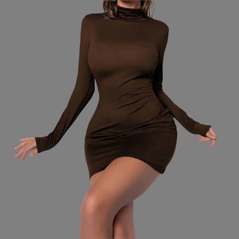 Clubwear High-Waisted Tight-Fitting Sexy Long Sleeve Turtleneck Mini Dress - JVMCL