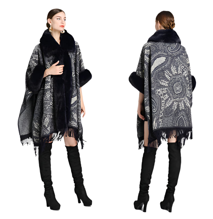 Soft Wool Blend Cape Coat – Faux Rex Rabbit Fur Jacquard Cloak for Women