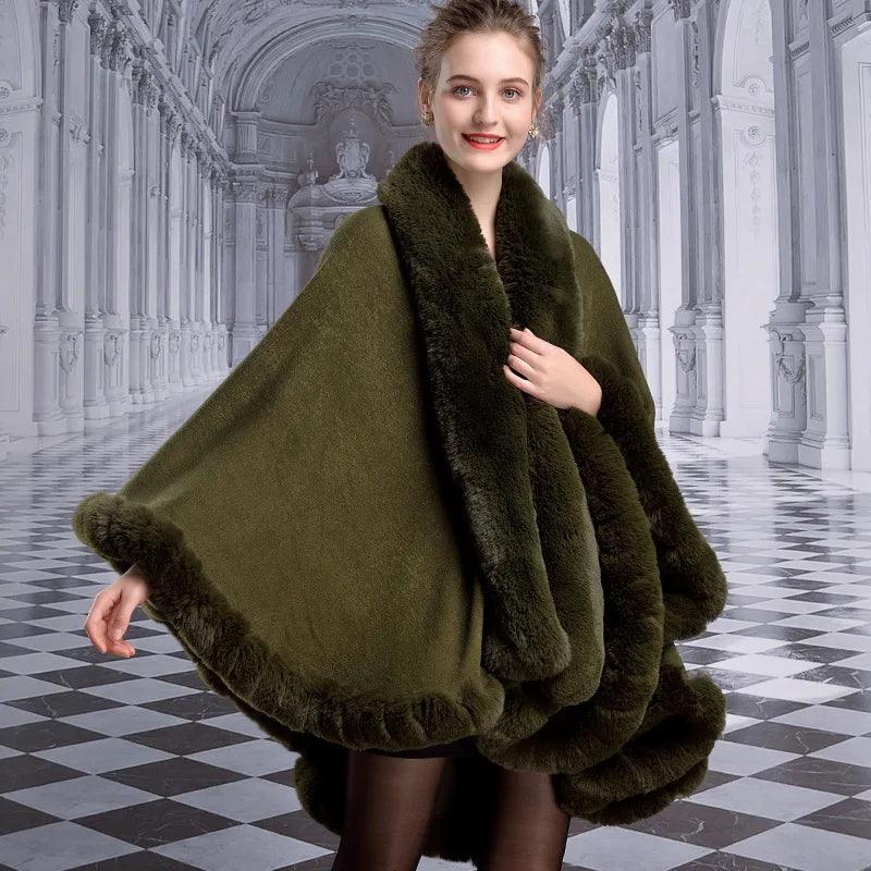 Women's Winter Thicken Shawl - Faux Rabbit Fur Long Poncho Cape Cloak - JVMCL