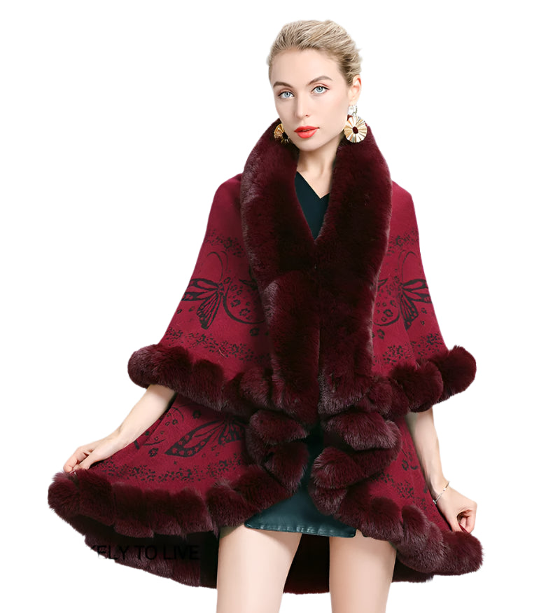 Two-Layered Winter Faux Fox Fur Collar Knitted Jacquard Weave Poncho Cardigan - JVMCL