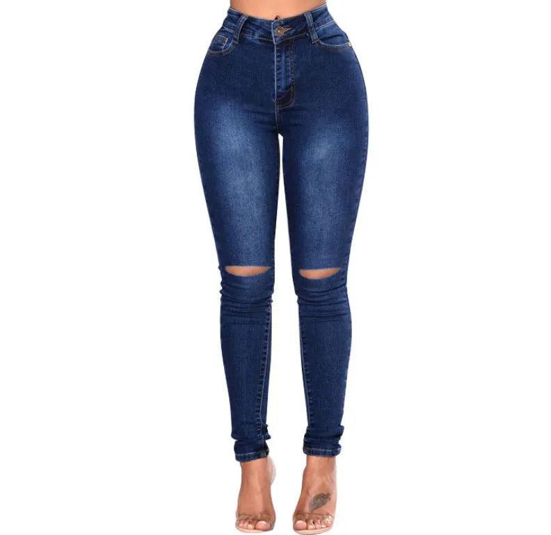 Ripped Jeans Stretchy Curve Plus Size High Waisted Hole Cute Classy Denim Pants - JVMCL