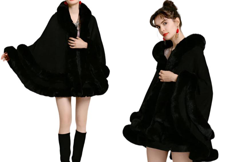 Double Layer Luxury Faux Rex Rabbit Fur Hooded Cape Knit Poncho Overcoat Wraps - JVMCL