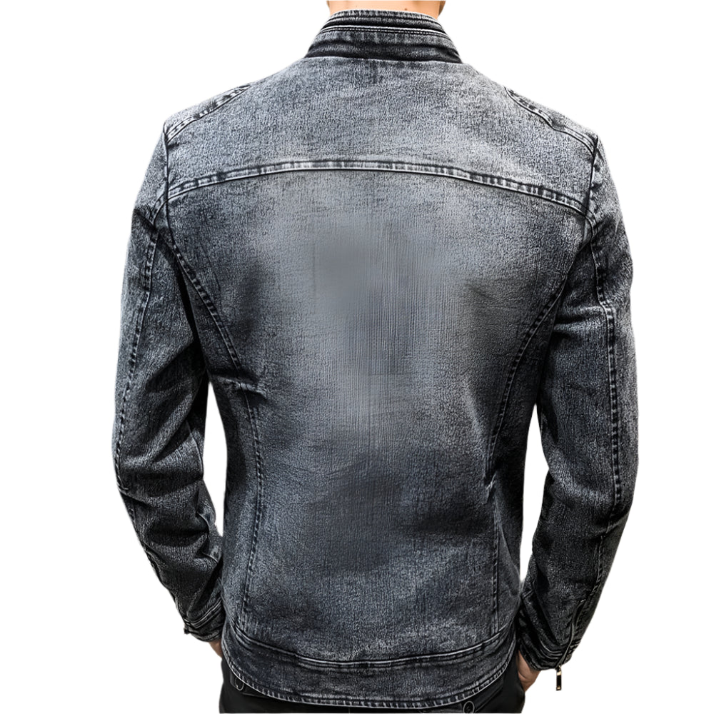 Men’s Slim-Fit Mandarin Collar Zipper-Up Outerwear Denim Jacket