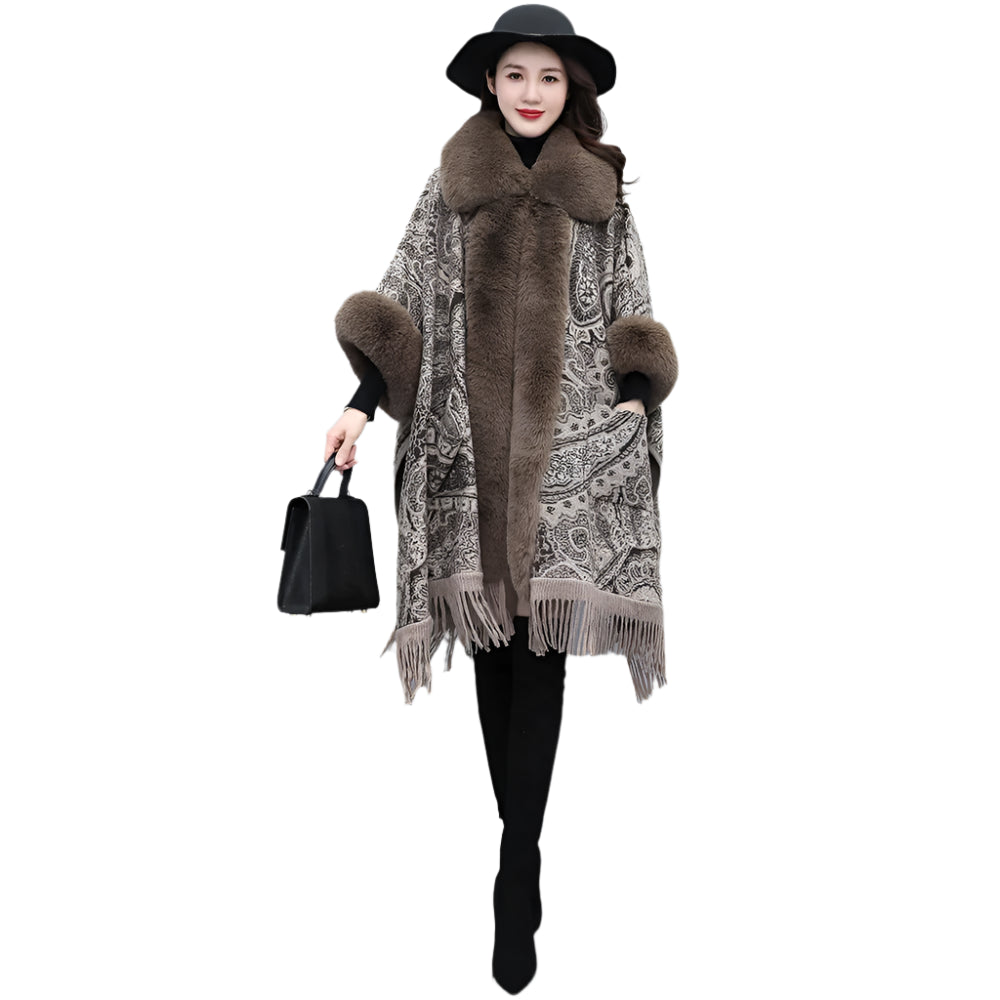 Soft Wool Blend Cape Coat – Faux Rex Rabbit Fur Jacquard Cloak for Women