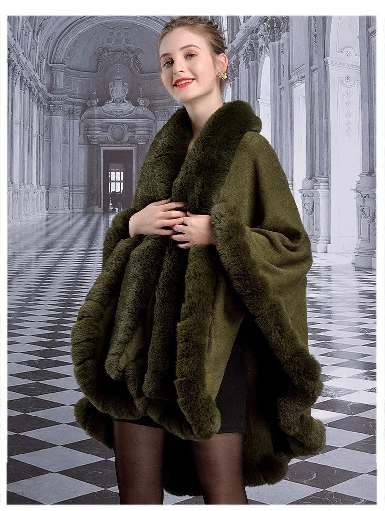 Women's Winter Thicken Shawl - Faux Rabbit Fur Long Poncho Cape Cloak - JVMCL